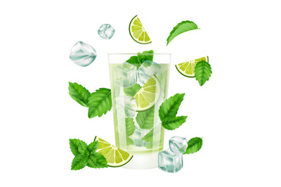 Mojito Cocktail. Summer drink with ice, lime and mint. Realistic glass