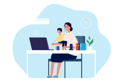 Mother working. Young woman with baby sitting at desk and computer. Fr