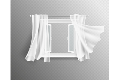 Open window. White frame with glass and curtains. Interior design, iso