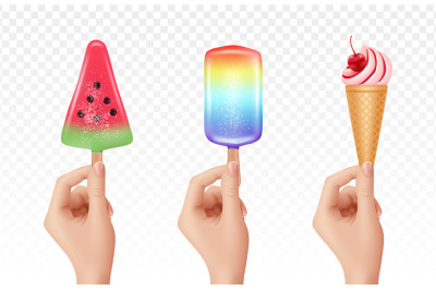 Realistic hands holding ice cream. Cold sweets, 3d cream and ice juice