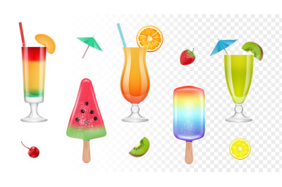 Realistic summer sweets. Fresh juice, cocktails and ice cream. Colorfu