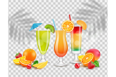 Sweet juices. Summer cocktails, fruits and berries. Isolated realistic