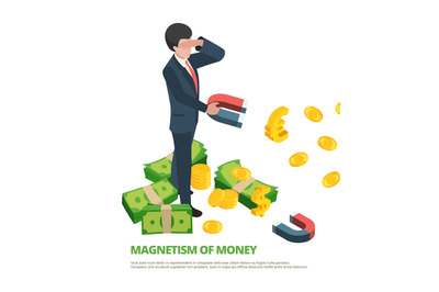Magnet money. Business connection financial dollar magnetism vector is