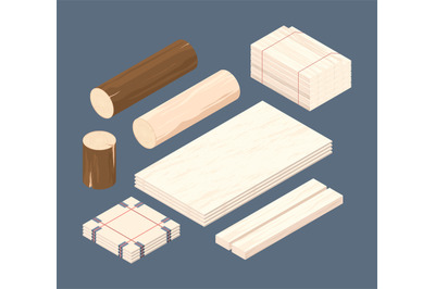 Wooden isometric. Set of stacked lumber branches pile logging timbers