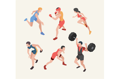 Sports characters. Isometric olympic games players runners jumpers wei
