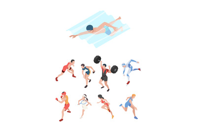 Sport players. Isometric characters peoples playing olympic games foot