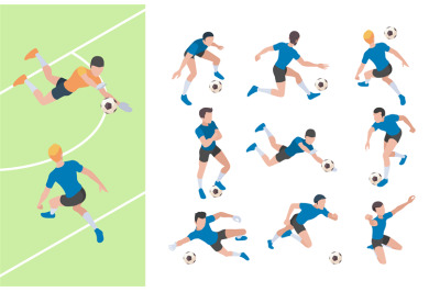 Soccer characters. Isometric athletics persons football players sprint