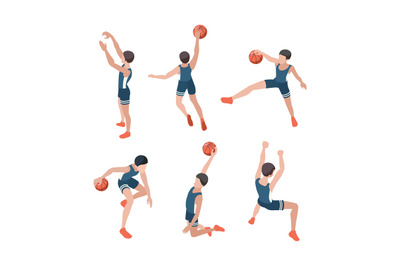 Basketball players. Sport athletes playing in active games with ball h