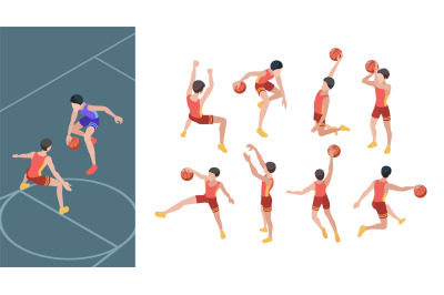 Basketball game. Sport players in active action poses isometric basket