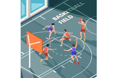 Basketball field. Sport club active game players in action poses orang