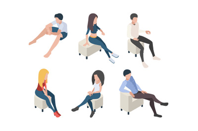 Sitting people. Characters in couch armchairs humans male and female p