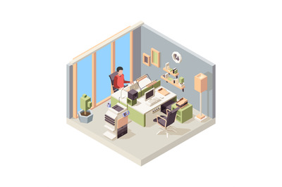Working place isometric. People businessman sitting on chair working t