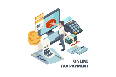 Online payment invoice. Tax bills accounting services vector isometric