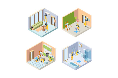 Repair isometric. Renovate floor painting walls repair bathroom house