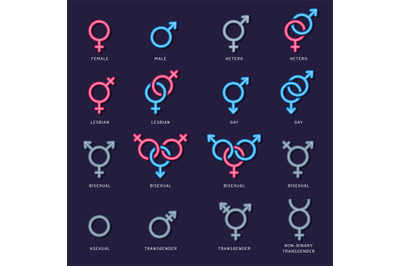 Gender icon. Male female couple lgbt men woman lesbian vector flat sex