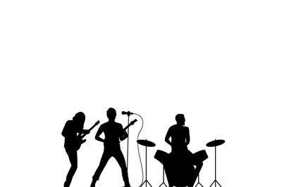 Rock band drummer, singer and guitarist black silhouette