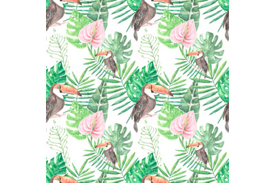 Tropics watercolor seamless pattern. Toucan, monstera, tropical greens