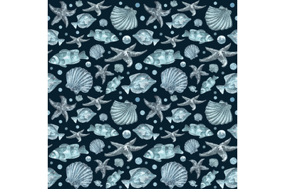 Ocean watercolor seamless pattern. Sea, fish, shells, starfish