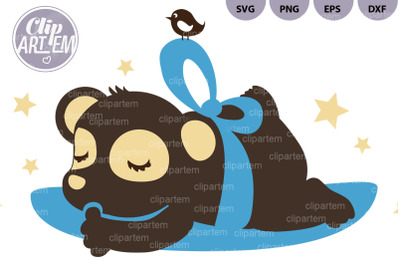 Baby Boy Bear Sleeping SVG clip art, blue brown, vector