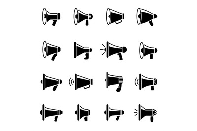 Loud speaker icons. Megaphone silhouettes announcement vector symbols