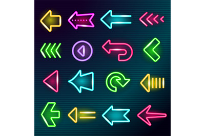 Neon arrows. Glow lighting direction hotel arrow signs night outside s