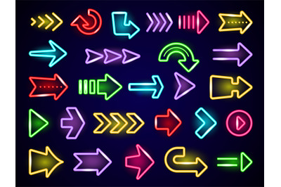 Glow neon arrows. Light direction arrows retro outside street advertiz