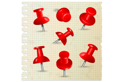 Red pins. Thumbtack push paper notes on board memo pins stationery ite