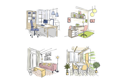 Drawn interiors. Bedroom living room offices in modern building workpl