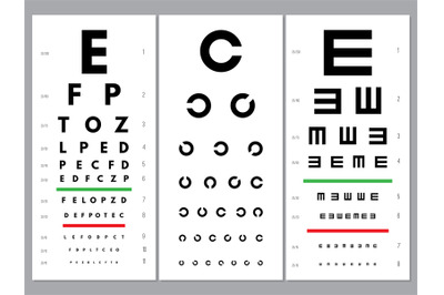 Eyes charts. Ophthalmology vision test alphabet and letters optical al