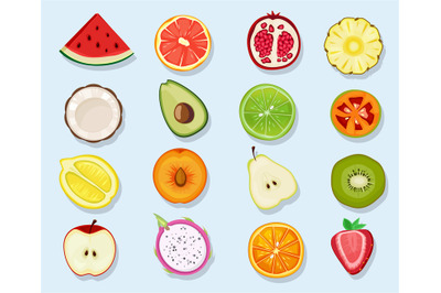 Half fruits circle icons. Cute cartoon healthy vegan natural products