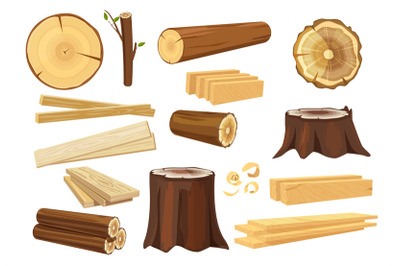 Wooden industry. Lumber trunks stacking log vector forestry objects st