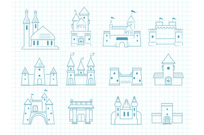 Drawn castles. Gothic medieval royal architectural objects with towers