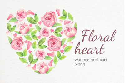 Watercolor floral pink peonies heart