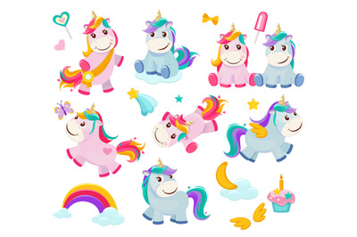 Cartoon unicorn. Cute funny fairytale characters magic pony happy anim