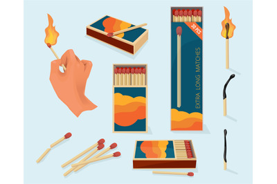 Burning matches. Safety packages for matchstick wooden stick flame sym