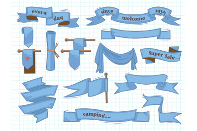 Hand drawn ribbons. Vintage banners sketched elements vector illustrat