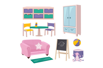 Kindergarten furniture. Playroom items toys chairs boards desks and be