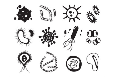 Microbes silhouettes. Bacteria and viruses biology pandemic icons set