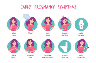 Pregnancy symptoms. Woman morning sickness mood health vomit cramps ve