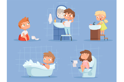 Kids bathing. Hygiene for children clean teeth morning routine hand wa