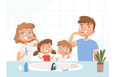 Kids with parents washing. Teeth brush sink toilet daily routine denta