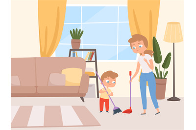 Housework children help. Kids washing living room with parents cleanin