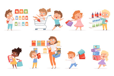 Grocery kids. Parents with children shopping purchase products and toy