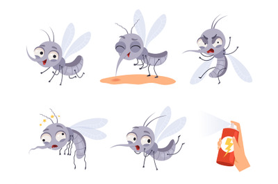 Mosquito cartoon. Warning flying insects dangerous little animals vect