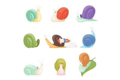 Snails cartoon. Characters funny insects animals vector symbols of slo