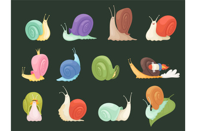 Snails characters. Cartoon insects with spiral house shell slug slime