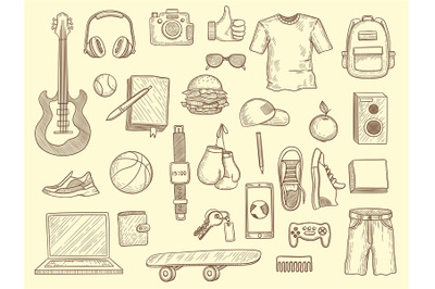 Teenage stuff. Young boys and girls clothes and gadgets teenage modern