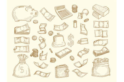 Finance doodle. Money and business elements corporate objects coins do