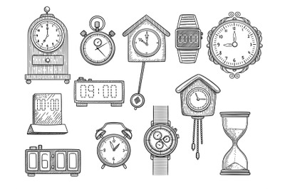 Doodle clocks. Watches timer alarm vector drawings illustrations set