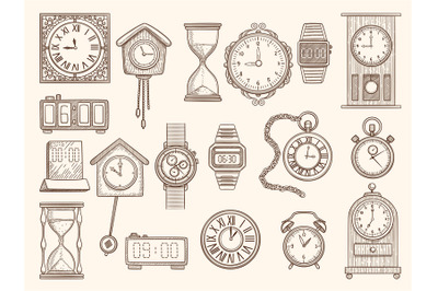 Watches set. Drawing clocks timers alarms vector pictures collection